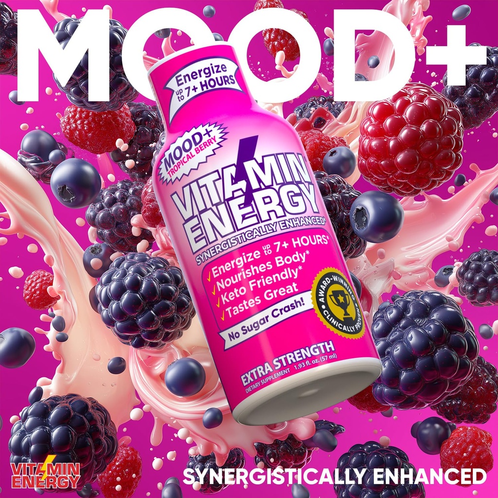 Vitamin Energy Mood+ Extra Strength Energy Shot Tropical Berry 4 Pack, 260mg Natural Caffeine, B-Vitamins, Rhodiola, Chamomile, Mood & Energy Support, Zero Sugar, Gluten-Free, Vegan, 1.93 fl oz 4