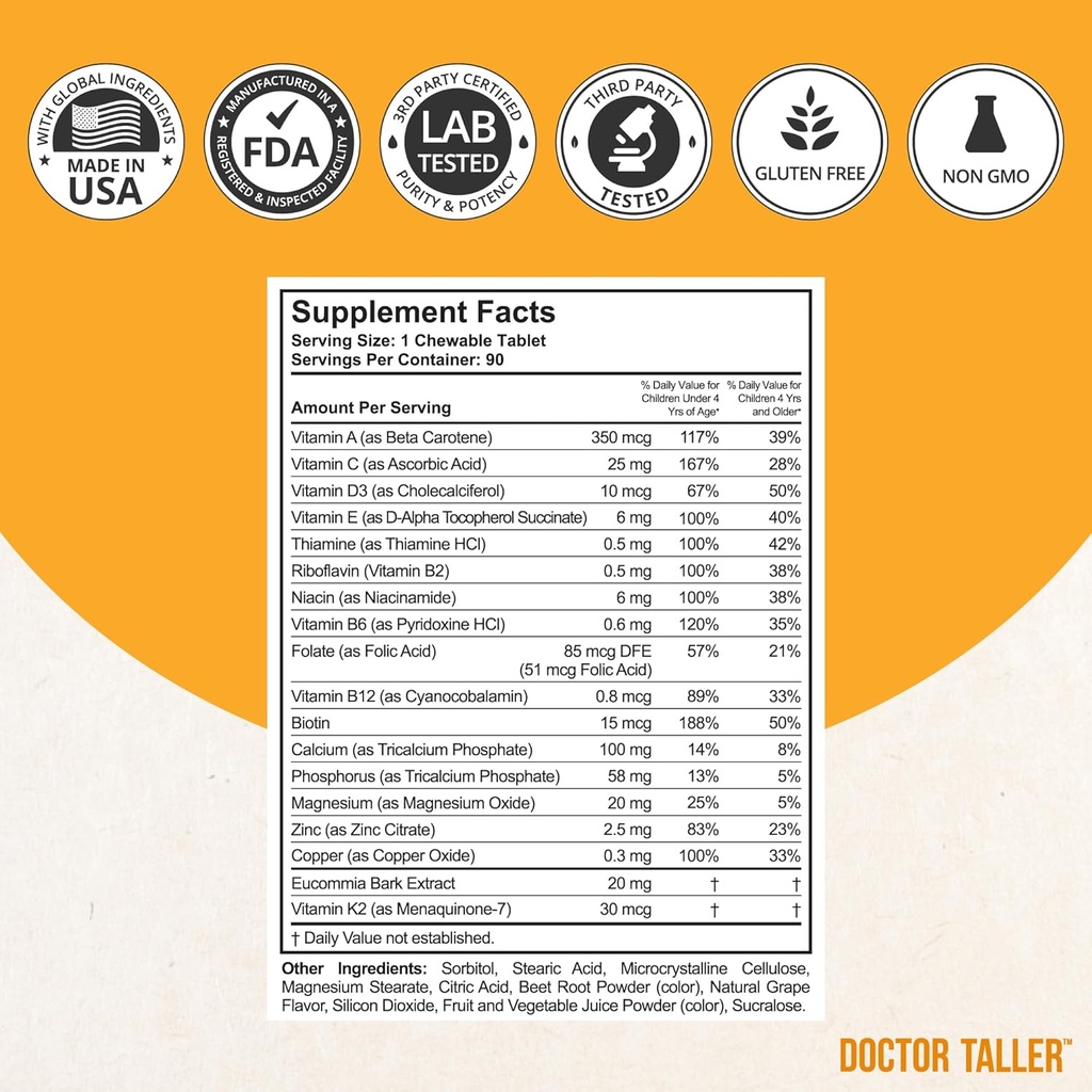 Doctor Taller Kids - Kids Multivitamins, Toddler Vitamins - Support Bone Strength, Enhanced Immunity with Calcium, Multivitamins for Ages 2 to 9 - Grape Flavor - 90 Chewable Tablets | 6 Weeks Supply 4