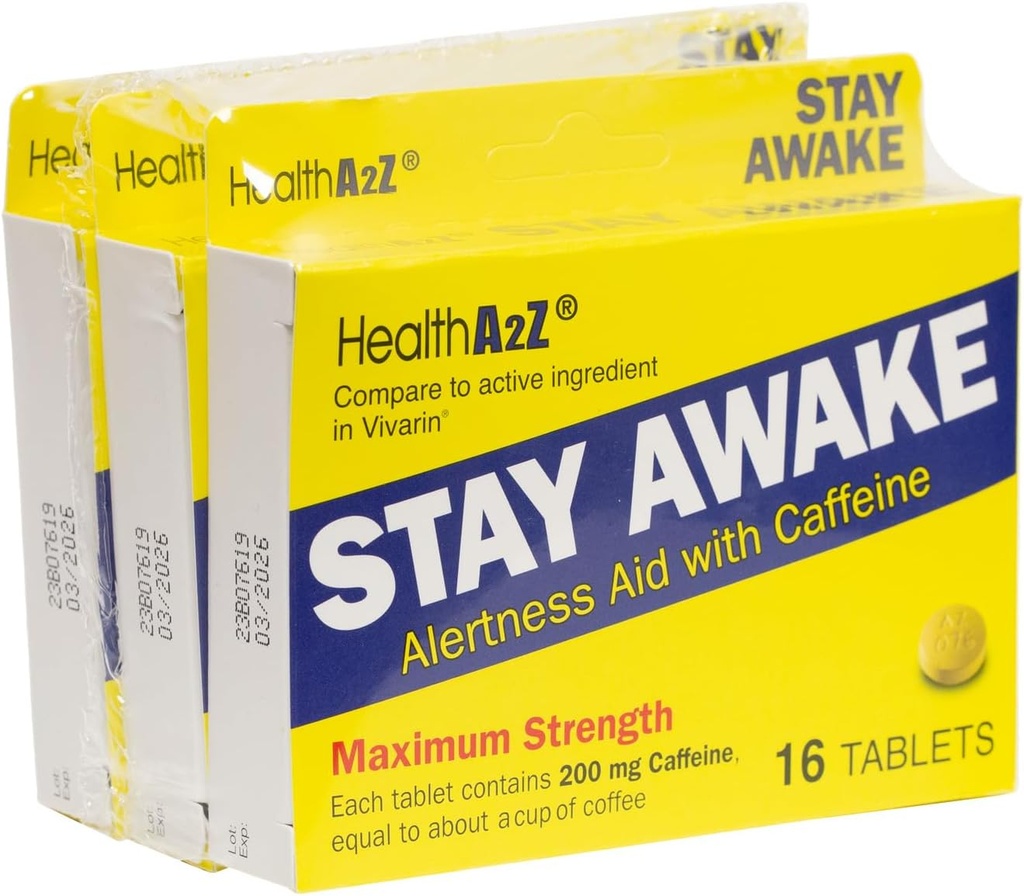 HealthA2Z® Stay Awake | 200 mg Caffeine | Alertness Aid with Caffeine | 3 Packs of 16 Tabelts (48 Tablets Total) | Maxium Strength 3