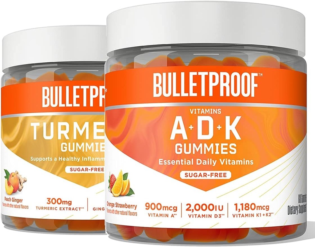 Bulletproof Vitamins A+D+K, 60 Sugar-Free Gummies, Strawberry Orange Flavor |Turmeric Sugar-Free Gummies, 60 Count, Peach Ginger 2