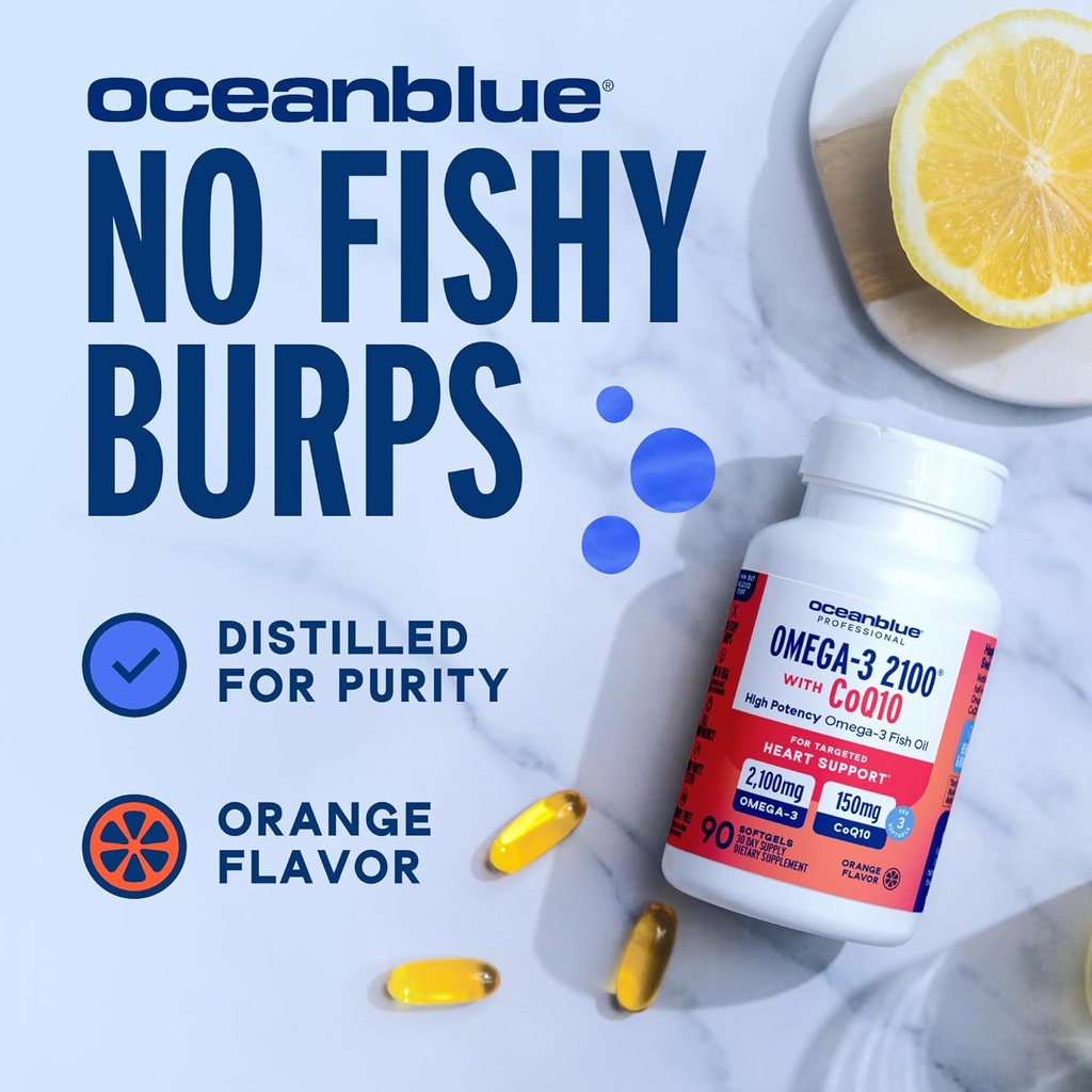 Oceanblue Omega 3 2100 with CoQ10 | Triple Strength Fish Oil Combo Supplement | 1350MG EPA 650MG DHA 150MG DPA with 150MG CoQ10 | Orange Flavor | Heart Support | 90 Softgels 6