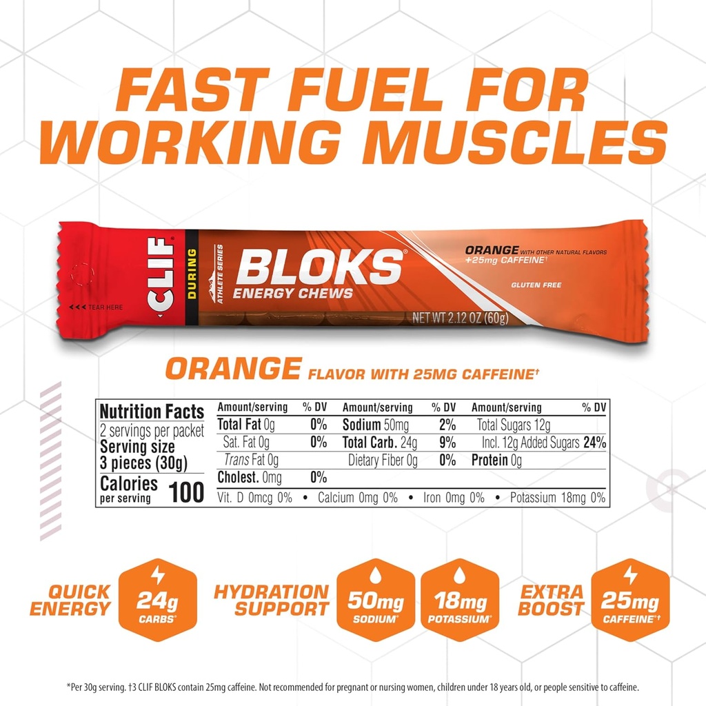 CLIF BLOKS - Orange Flavor with Caffeine - Energy Chews - Non-GMO - Plant Based - Fast Fuel for Cycling and Running - Quick Carbohydrates and Electrolytes - 2.12 oz. (18 Count) 3