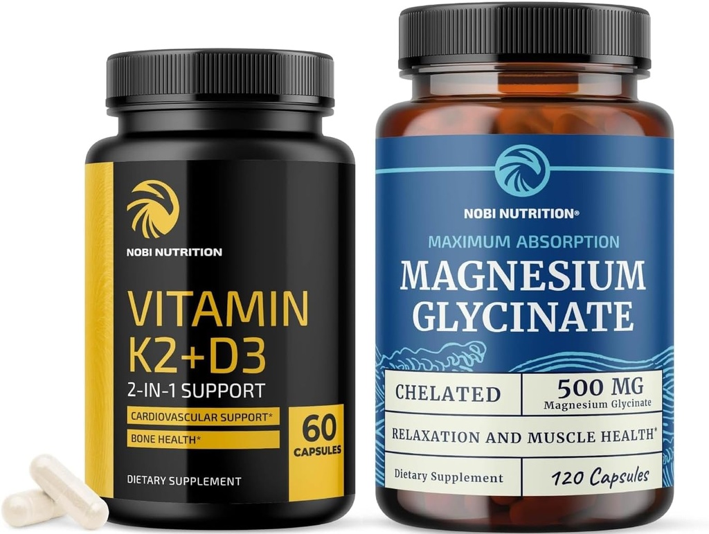 Vitamin D3 K2 and Magnesium Glycinate Supplement | Bone, Heart, and Muscle Support with 5000 IU D3, K2 MK7, and 500mg Magnesium | High Absorption, Immune & Nerve Support | 60 Servings Each 2
