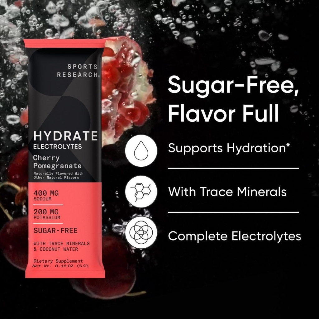 Sports Research® Hydrate Electrolytes Powder Packets - Sugar-Free & Naturally Flavored with Vitamins, Minerals, and Coconut Water - Supports Hydration - 32 Packets - Variety Pack 5