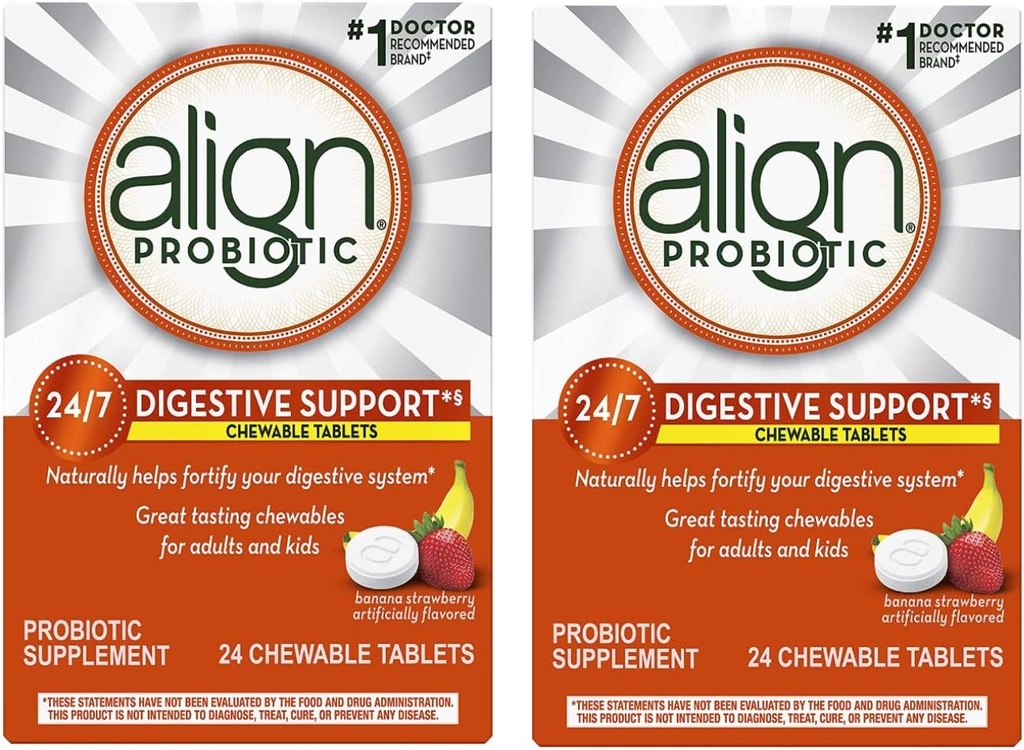 Align Probiotic Supplement Chewable Tablets Banana Strawberry Smoothie - 24 ct, Pack of 2 2