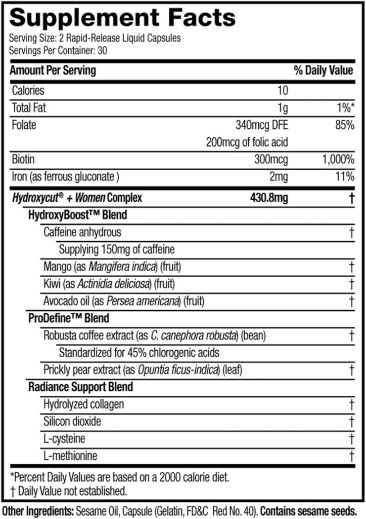 Hydroxycut +Women - 60 Rapid-Release Liquid Capsules, Pack of 2 - Includes Biotin, Collagen, Folate & Iron 3