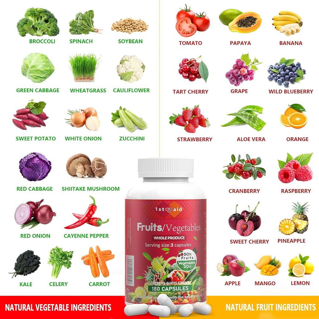 1st Aid Fruits-Veggies Nutritional-Supplement Home-Essential Dietary-Capsules - 180Count Whole Food Fruit and Vegetable Vitamins Mixed Dietary Supplements for Unisex 4