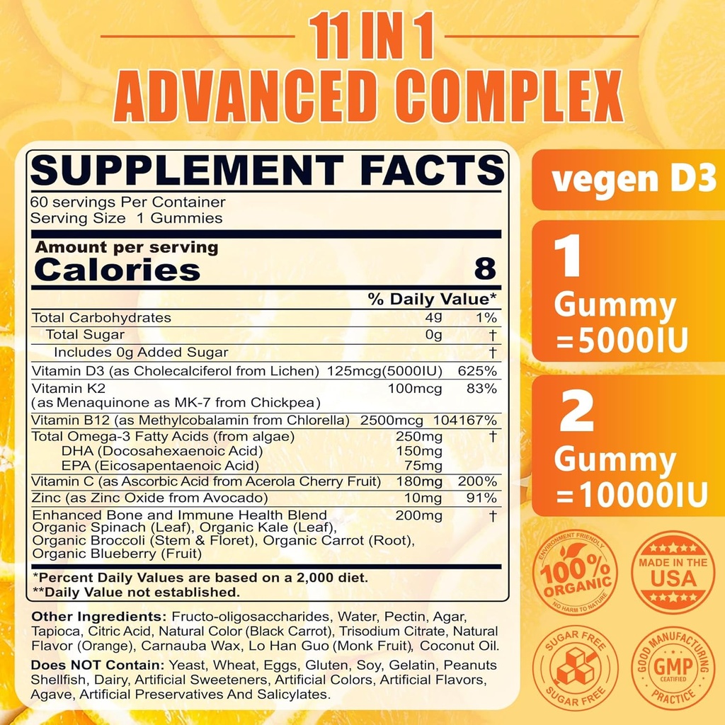 Vitamin D3 K2 Gummies 5000IU / 10,000 IU with Omega-3 250mg + K2(MK-7) 100mcg - 5X Absorption Than Standard D3K2,with Vitamin C, Zinc,and 5 Organic Vegetables,Supports Bone & Teeth Strength, Immune 3