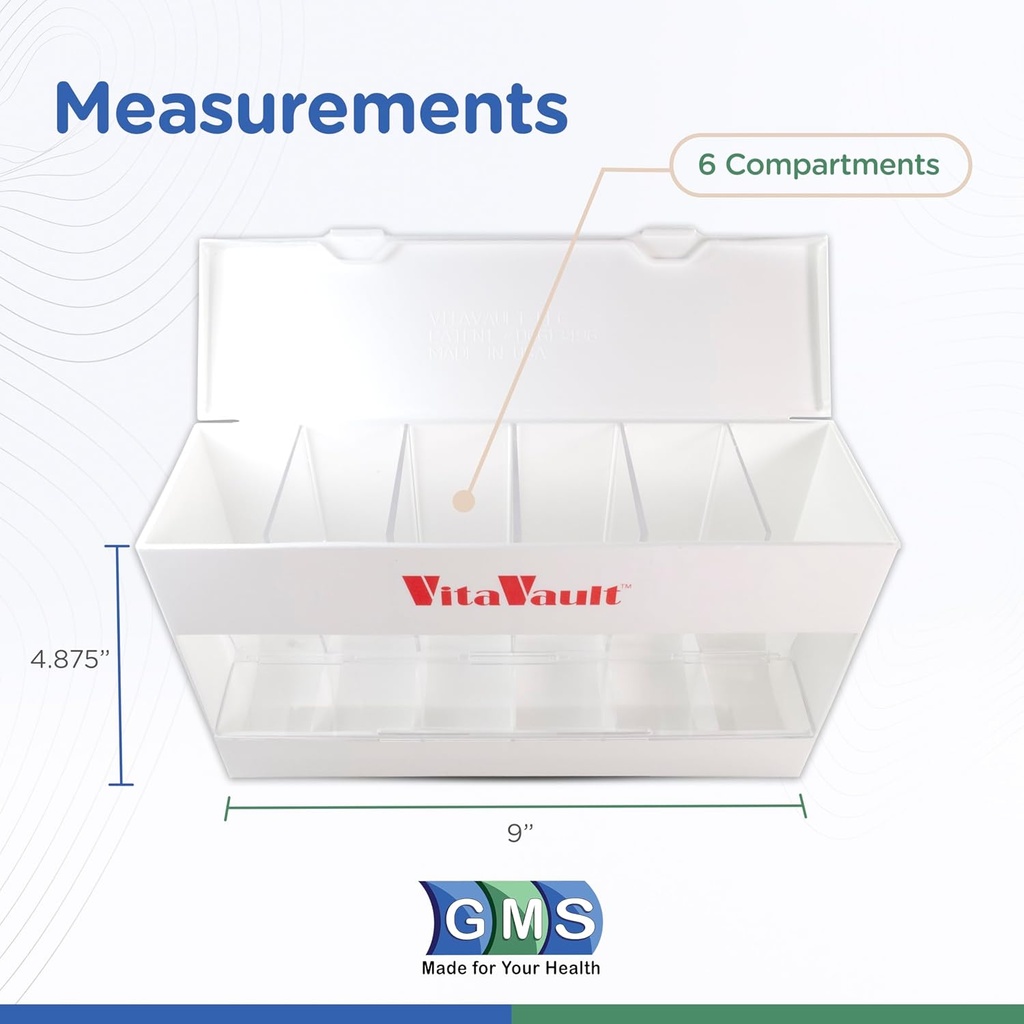 GMS VitaVault Vitamin & Pill Organizer - Medicine Cabinet Organizer with 6 Separate Large Compartments - Store up to 60 Days Worth of 6 Different Vitamins - Fits All Size Supplements - 1 pc 5