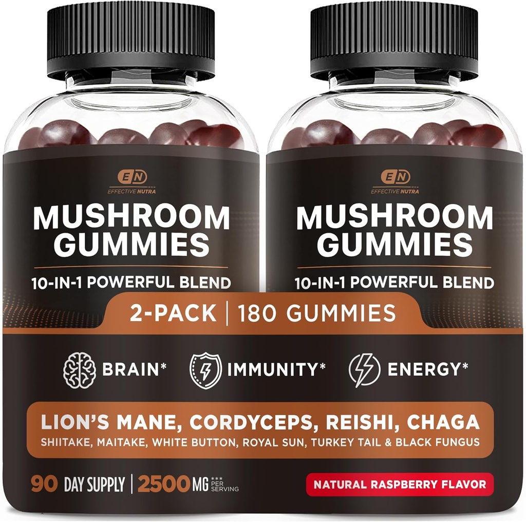 EFFECTIVE NUTRA Mushroom Gummies 2500mg | 10 Blend w/Lions Mane, Reishi, Chaga, Cordyceps & More | Focus, Memory, Immunity, Energy | Natural Berry Flavor Supplement | Vegan, Made in USA (2-Pack) 2