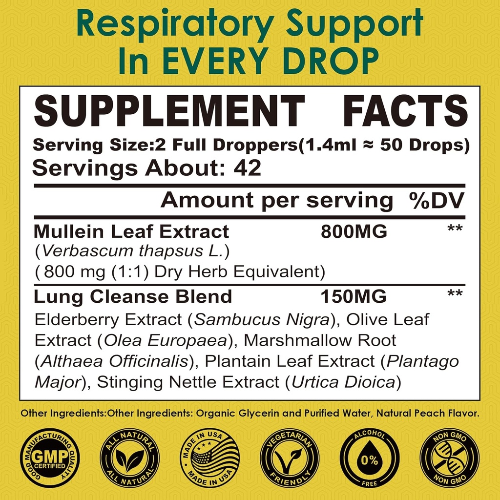 Mullein Drops for Lungs, Mullein Leaf Extract Herbal Supplement, Natural Lung Cleanse, Respiratory & Immune Support, Breathe Health, Tincture with Marshmallow, Elderberry - 2 fl Ounces 3