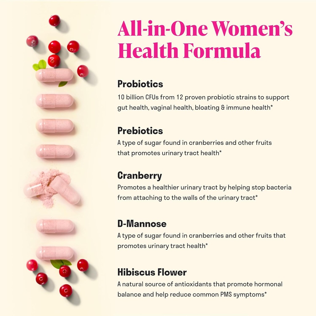 3-in-1 Womens Probiotic - 60 Servings - 12 Unique Strains, Prebiotics, D-Mannose, & Cranberry for Digestive Health, Vaginal Health & Immune Support - Prebiotics and Probiotics for Women | pH Balance 6