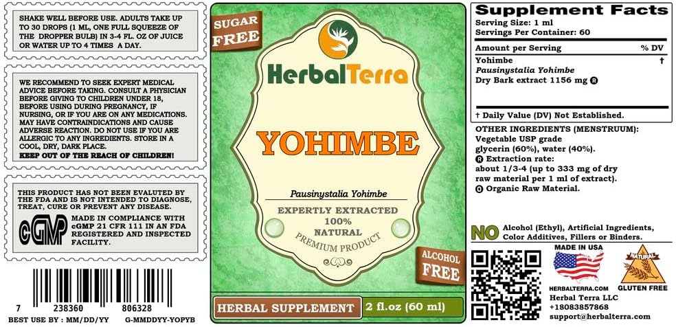 Yohimbe (Pausinystalia Yohimbe) Glycerite, Dried Bark Alcohol-Free Liquid Extract 2 oz 3