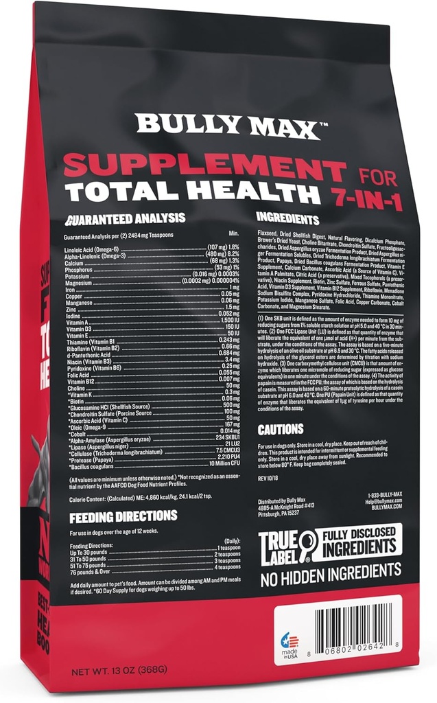 Bully Max 7-in-1 Dog Multivitamin Powder with Omega 3, 6, Glucosamine & Chondroitin for Immune System, Digestive & Joint Health - Food Topper, Vitamins & Supplements for Puppy & Adult Dogs, 13Oz Bag 6