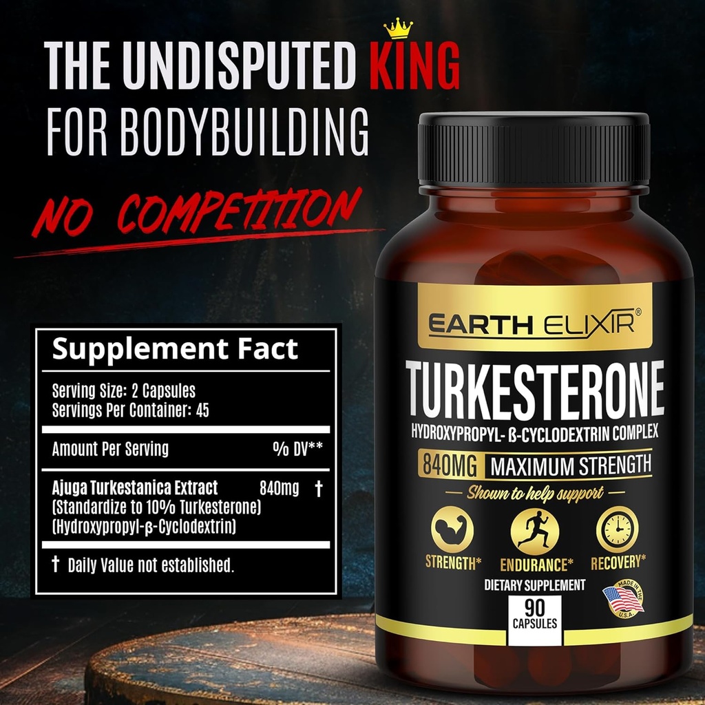 Earth Elixir Turkesterone 840 mg (90 Capsules) – Made in USA - 3rd Party Tested - 100% Pure Turkesterone Supplement for Men & Women - Ajuga Turkestanica Extract - Increase Natural Energy & Strength 3