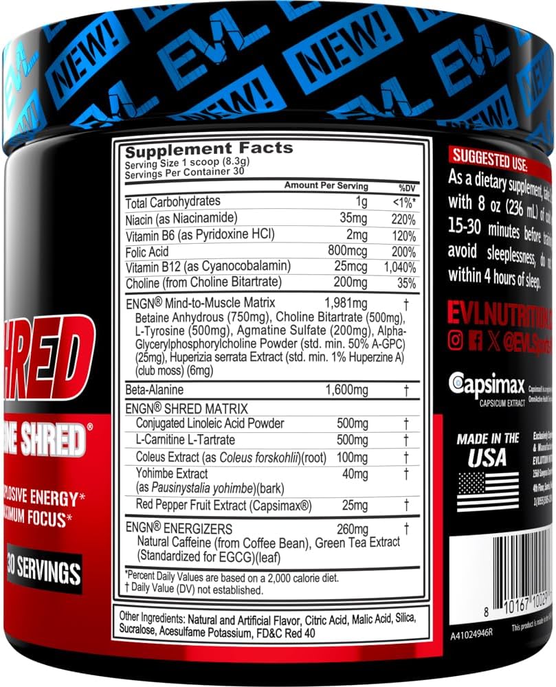 EVL Ultimate Pre Workout Powder - Thermogenic Fat Burn Support Preworkout Powder Drink for Lasting Energy Focus and Stamina - ENGN Shred Intense Creatine Free Preworkout Drink Mix - Fruit Punch 3