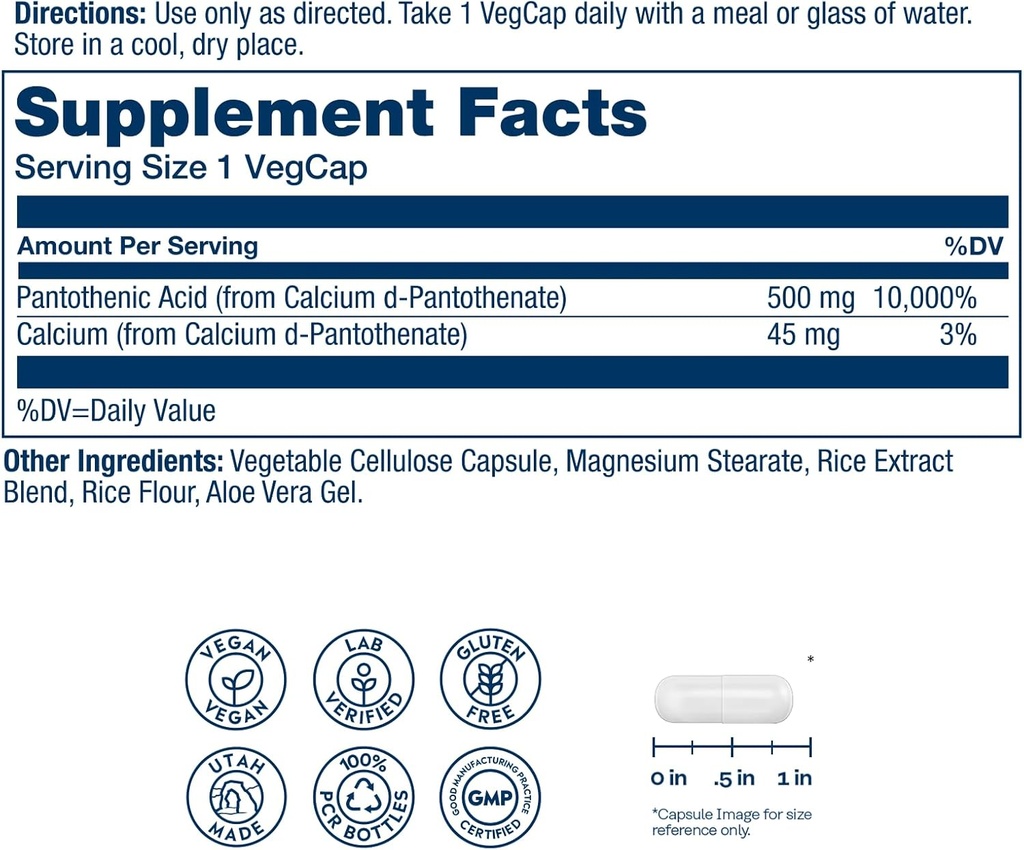 SOLARAY Pantothenic Acid 500mg - Vitamin B 5 for Coenzyme-A Production and Energy Metabolism, Hair, Skin, and Nails Support - Vegan, Lab Verified, 60-Day Guarantee - 100 Servings, 100 VegCaps 3