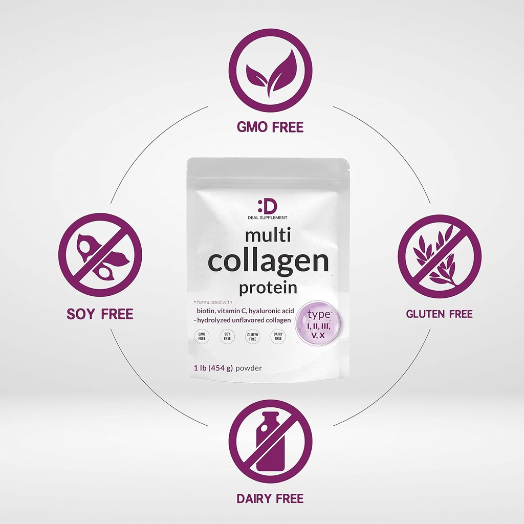 Multi Collagen Protein Powder,1Lb - Type I, II, III, V, X Collagen Peptides with Biotin 10000mcg, Vitamin C & Hyaluronic Acid - Unflavored - Keto & Paleo Friendly, Great for Hair, Skin, Nails & Joints 4
