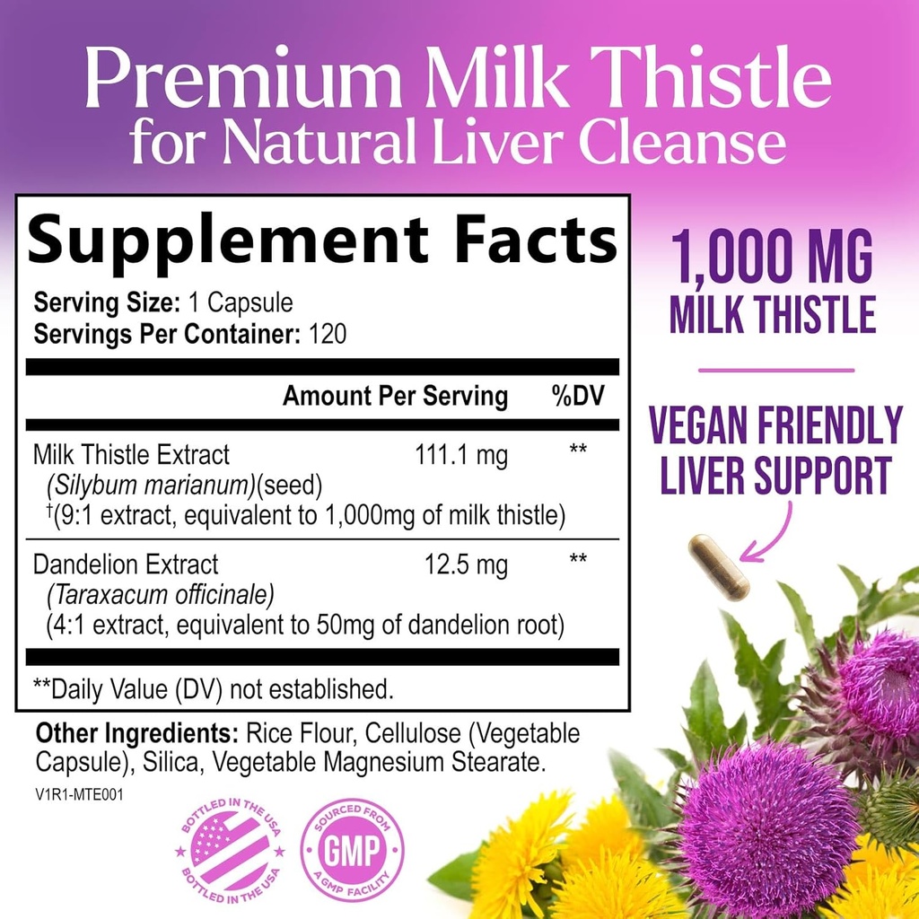 Milk Thistle Extract 1000mg - Liver Cleanse Detox & Repair Formula with Dandelion Extract - Herbal Liver Supplement - Nature's Milk Thistle w/Silymarin Marianum, Supports Liver Health - 120 Capsules 3