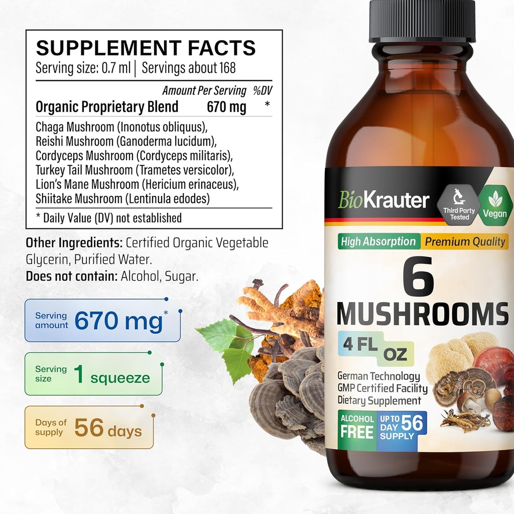 BIO KRAUTER 6 Mushrooms Supplement 6-in-1 - Lions Mane, Shiitake,Turkey Tail, Cordyceps, Reishi & Chaga Liquid Extract - Mushroom Complex Tincture - Vegan Drops 4 Fl.Oz. 4