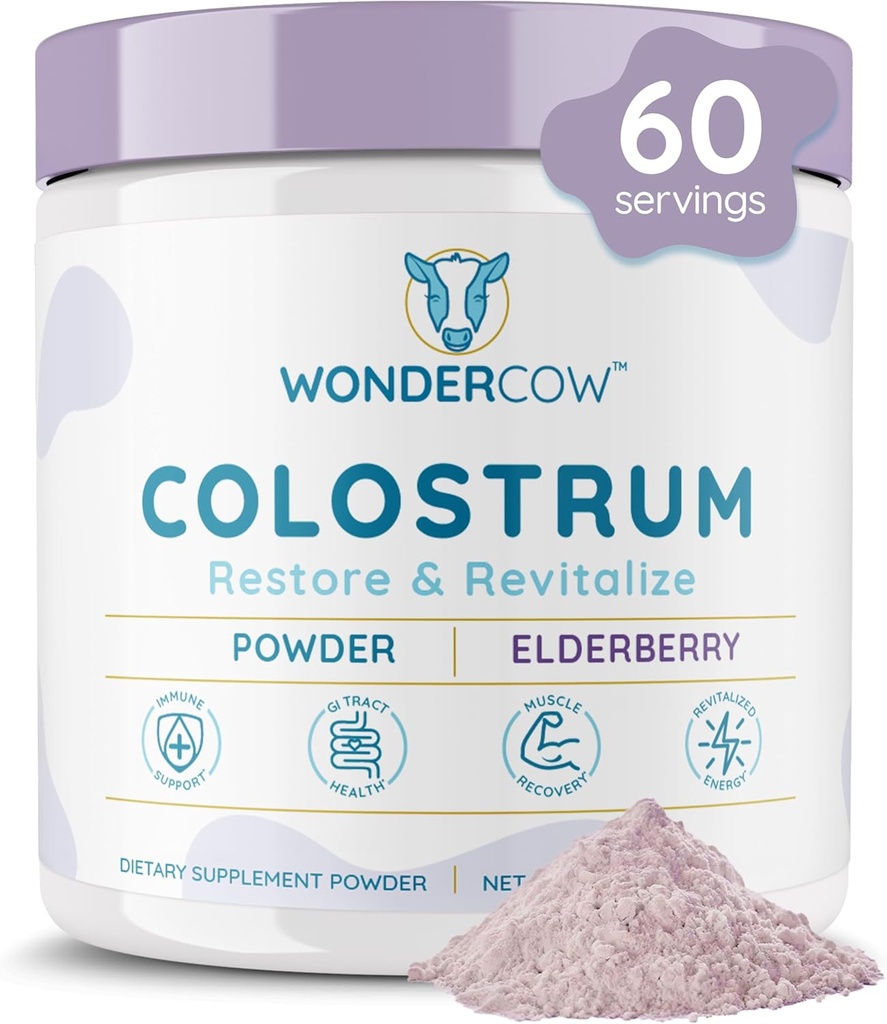 WONDERCOW Colostrum Supplement Powder for Gut Health, Immune Support, Muscle Recovery & Wellness | Natural IgG Pure Whole Bovine Colostrum Superfood, Elderberry, 60 Servings 2