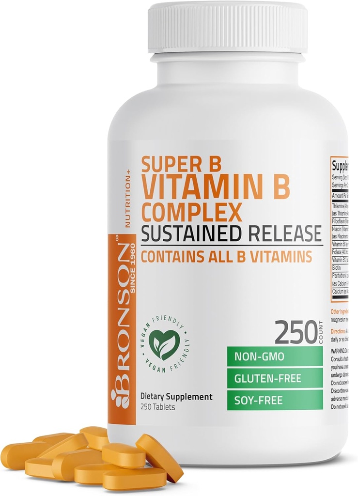 Bronson Super B Vitamin B Complex Sustained Slow Release (Vitamin B1, B2, B3, B6, B9 - Folic Acid, B12) Contains All B Vitamins 250 Tablets 2