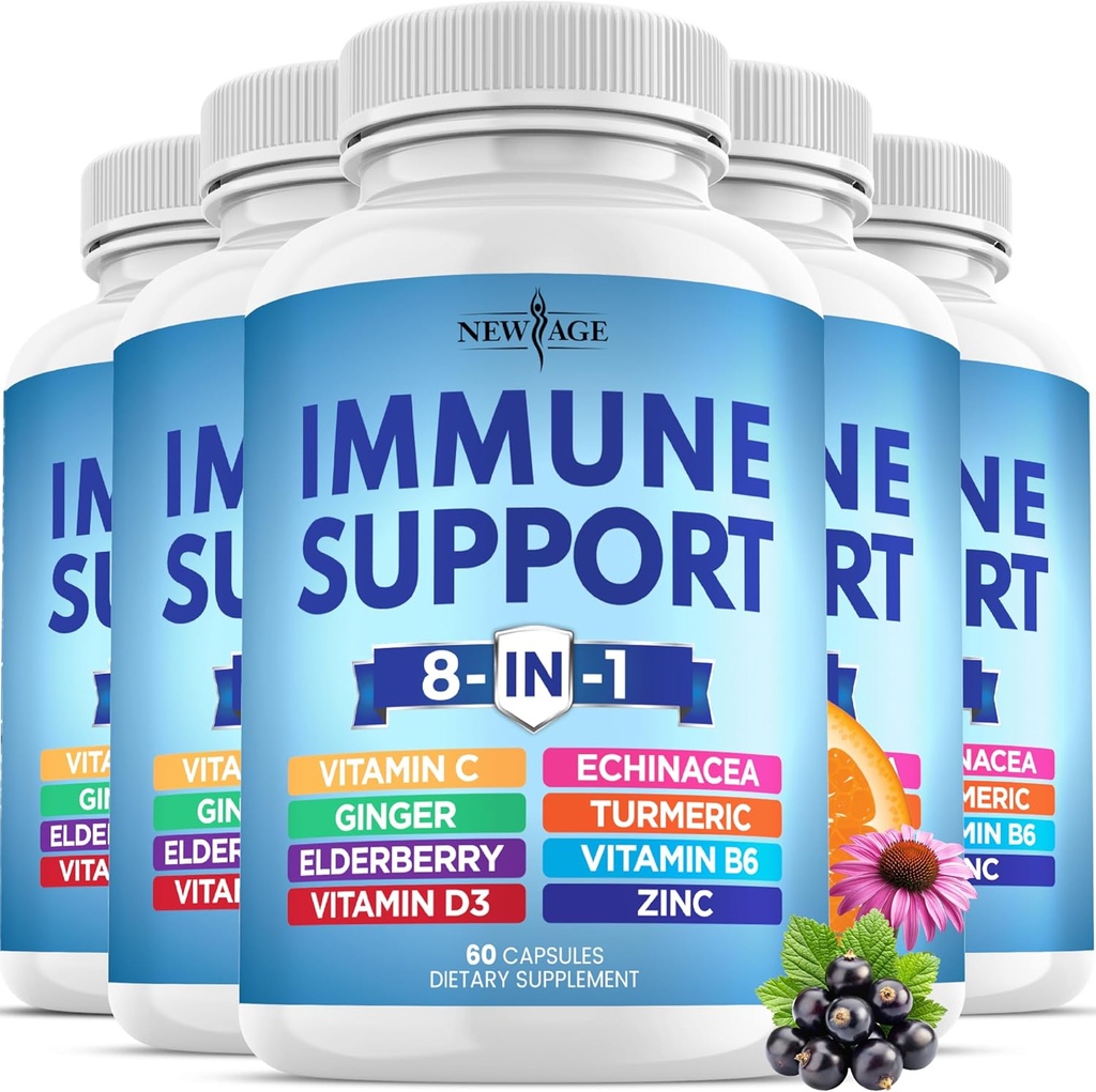 8 in 1 Immune Support Booster Supplement with Echinacea, Vitamin C and Zinc 50mg, Vitamin D 5000 IU, Turmeric Curcumin & Ginger, B6, Elderberry (8 in 1 Capsules (Pack of 5)) 2