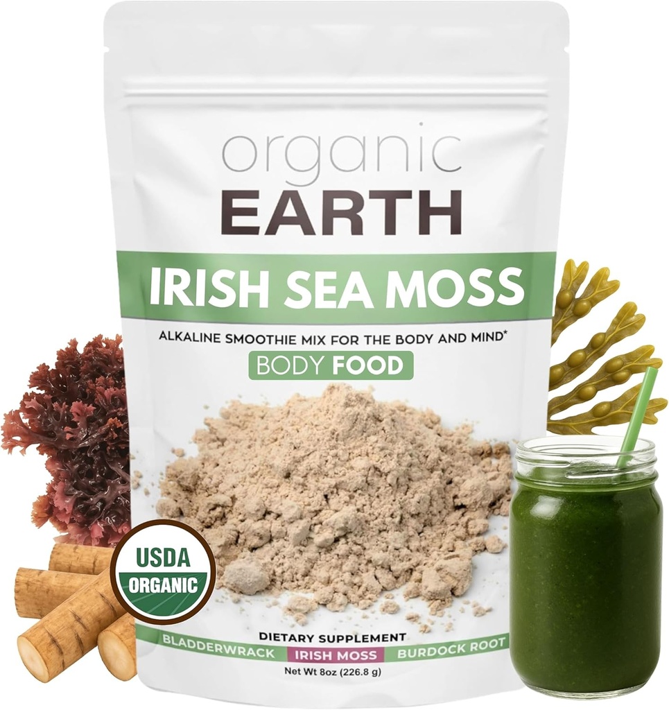 Organic Earth Irish Sea Moss Powder 8oz - Wildcrafted Sea Moss Organic with Bladderwrack & Burdock Root Powder - Thyroid, Digestion Support & Healthy Skin - USDA Certified Organic 2