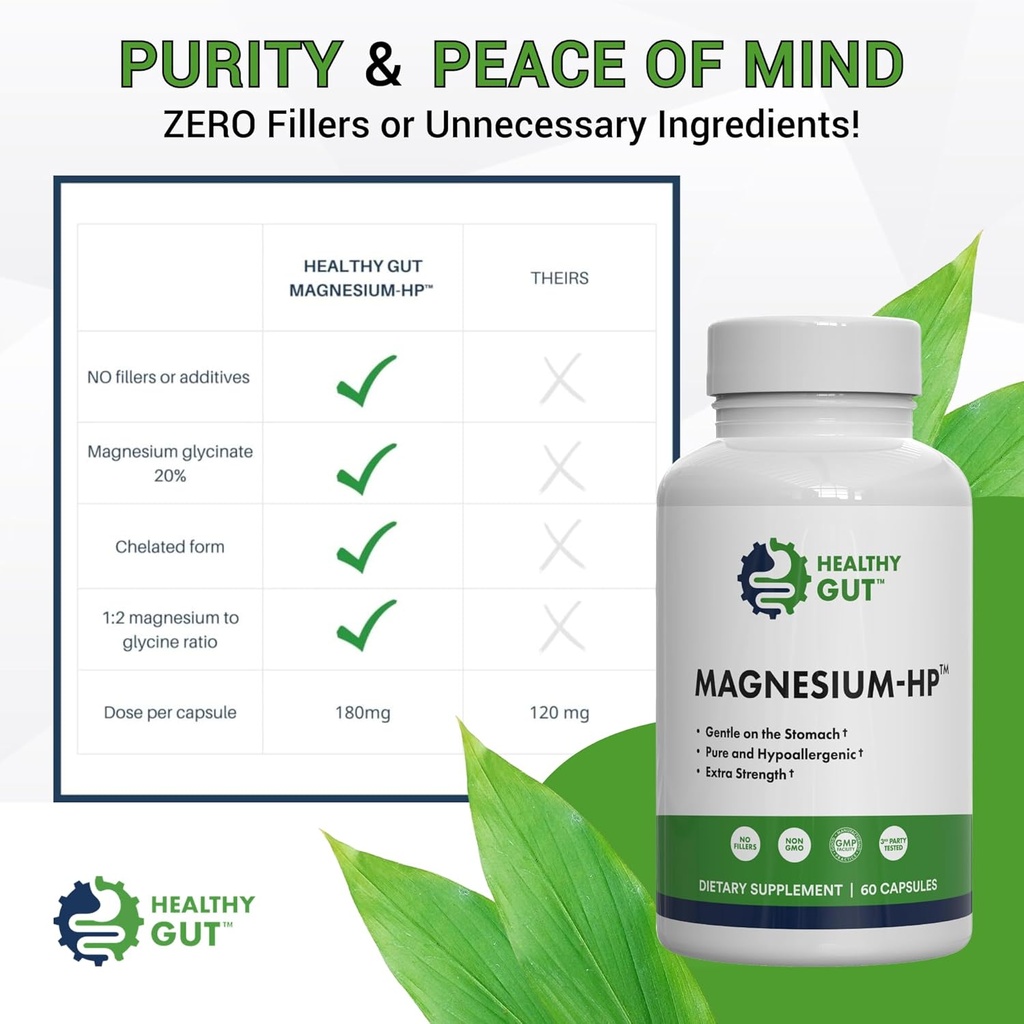 Healthy Gut Magnesium-HP | Ultra Pure Glycinate with Zero Fillers | 180 mg Magnesium Glycinate | 60 Servings 4