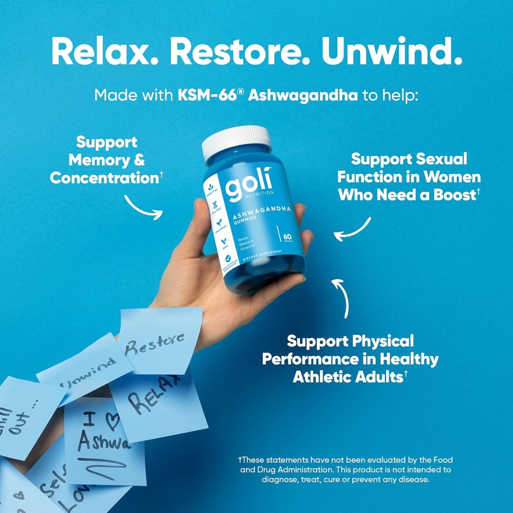 Goli Ashwagandha & Vitamin D Gummy - 180 Count - Mixed Berry, KSM-66, Vegan, Plant Based, Non-GMO, Gluten-Free & Gelatin Free Relax. Restore. Unwind, Pack of 3 5