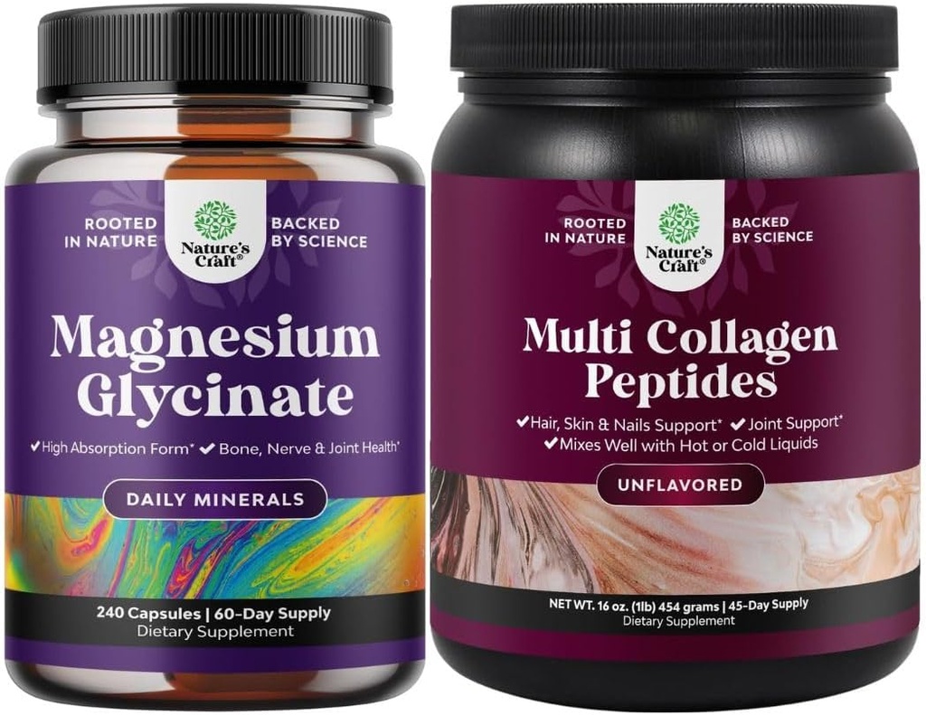 Bundle of High Absorption Magnesium Glycinate Capsules for Calming Sleep Plus Muscle Bone & Nerve Support and Multi Collagen Protein Powder for Women and Men - Hair Skin and Nails Vitamins 2