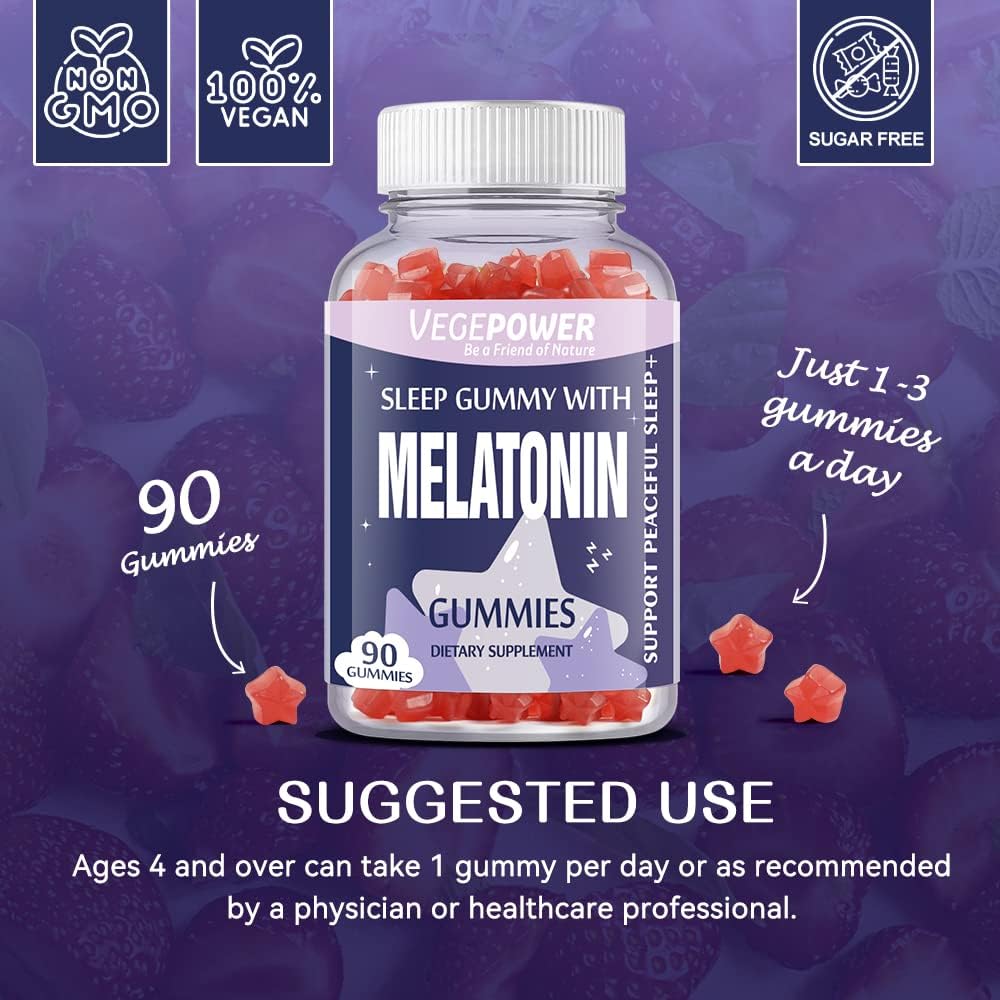 Melatonin Gummies 1mg for Kids (Sugar-Free) - Sleep Gummies with Vitamin B6 and Passionflower for Fall Asleep Faster, Vegan, Non-GMO, Strawberry Flavored 90 Count 6