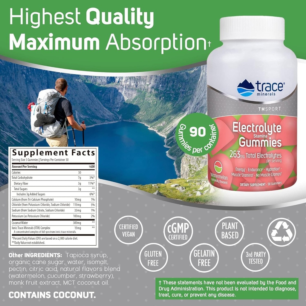 Trace Minerals Electrolyte Stamina Gummies - Convenient Electrolyte Supplement That Supports Hydration - Supports Optimal Energy - Muscle Stamina - Vegan - Watermelon - 90 Count (30 Servings) 3