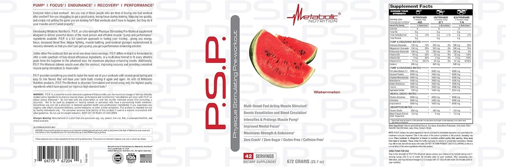 Metabolic Nutrition P.S.P. Physique Stimulating PreWorkout 672g Zero Sugar Caffeine Free (Watermelon) 3