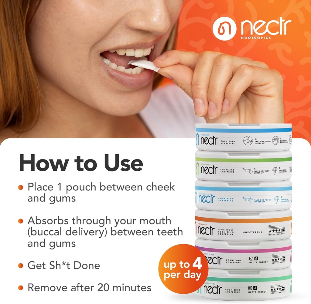 Nectr Energy Nootropic Pouches – Berry Blast Flavored, Caffeine Pouches with Cognizin® Citicoline. Sugar-Free Brain Treats. Smooth, Sustained Focus & Energy Supplement - 5 Pucks of 16pcs 5