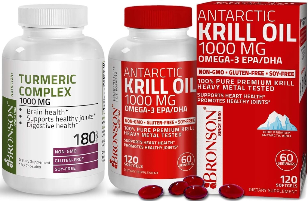 Bronson Turmeric Curcumin with BioPerine High Potency Premium Joint Support + Bronson Antarctic Krill Oil 1000 mg with Omega-3s EPA, DHA 2