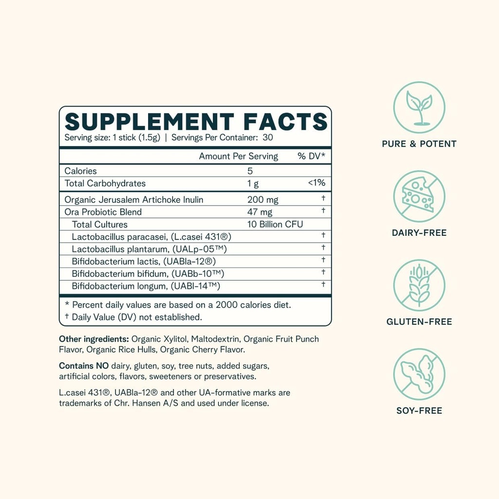 Ora Organic Probiotic Pixies with Prebiotics - Vegan Probiotics for Digestive Health | Dairy-Free, Gluten-Free, No Sugar Added, for Sensitive Stomachs - 30 Fast Dissolving Powder Sticks 5