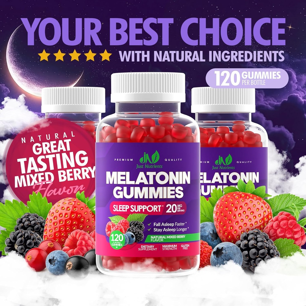 Melatonin 20mg Gummies for Adults (120 Count) - High Potency Sleep Support with 10mg of Melatonin Per Gummy - Gluten-Free, Non-GMO, Vegetarian, Great Tasting Mixed Berry Flavor - 60 Servings 5