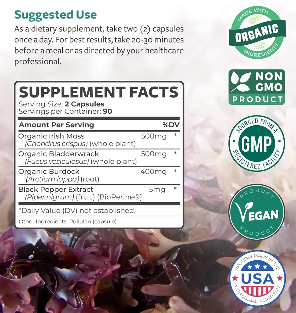 Organic Irish Sea Moss Capsules - Organic Sea Moss Capsules with Bladderwrack Burdock Root and Black Pepper Extract for Enhanced Absorption - Vegan Non-GMO & Made in The USA (3 Month Supply) 5