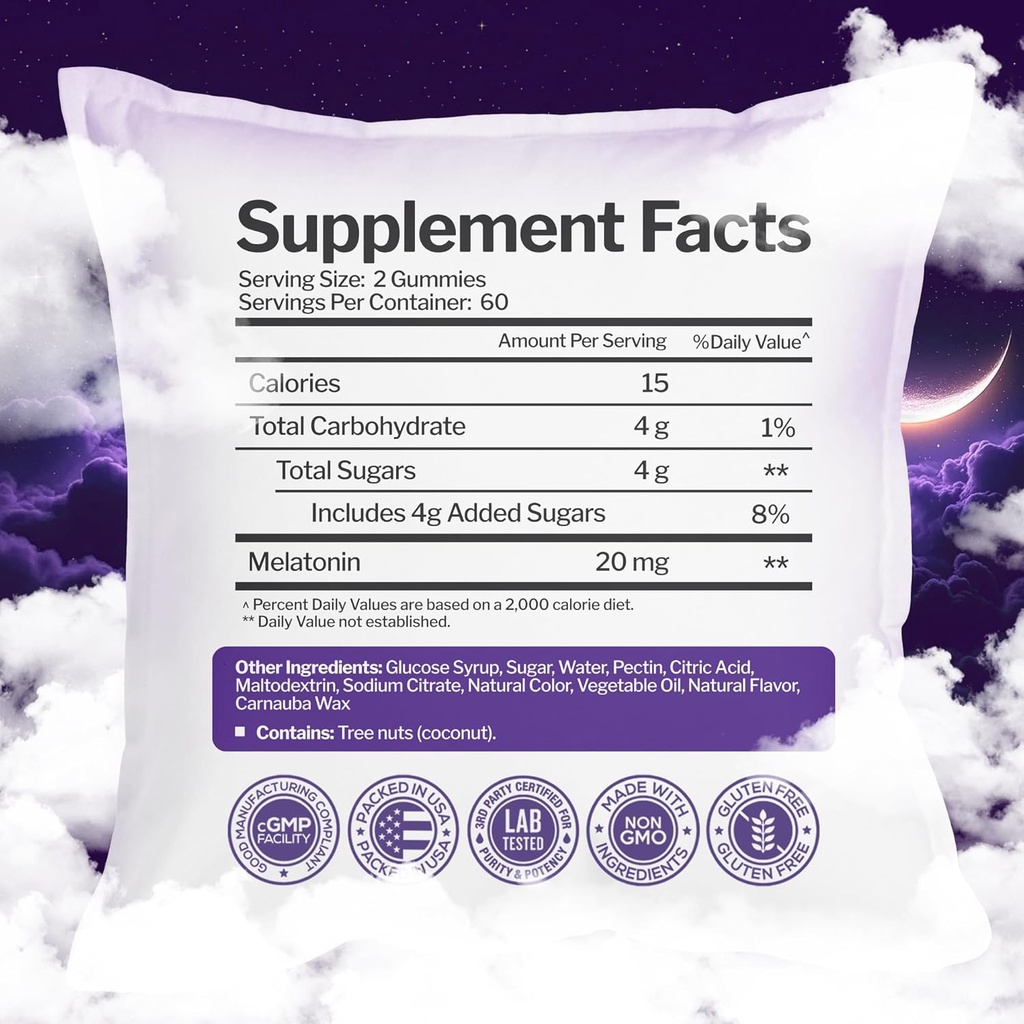 Melatonin 20mg Gummies for Adults (120 Count) - High Potency Sleep Support with 10mg of Melatonin Per Gummy - Gluten-Free, Non-GMO, Vegetarian, Great Tasting Mixed Berry Flavor - 60 Servings 6