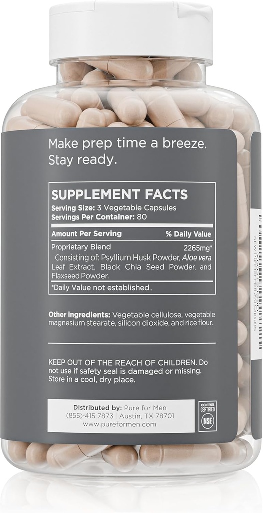 Pure for Men Original Cleanliness Stay Ready Fiber Supplement | Helps Promote Digestive Regularity | Psyllium Husk, Aloe Vera, Chia Seeds, Flaxseeds | Proprietary Formula | 240 Vegan Capsules 3
