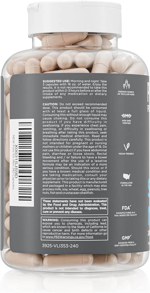 Pure for Men Original Cleanliness Stay Ready Fiber Supplement | Helps Promote Digestive Regularity | Psyllium Husk, Aloe Vera, Chia Seeds, Flaxseeds | Proprietary Formula | 240 Vegan Capsules 4