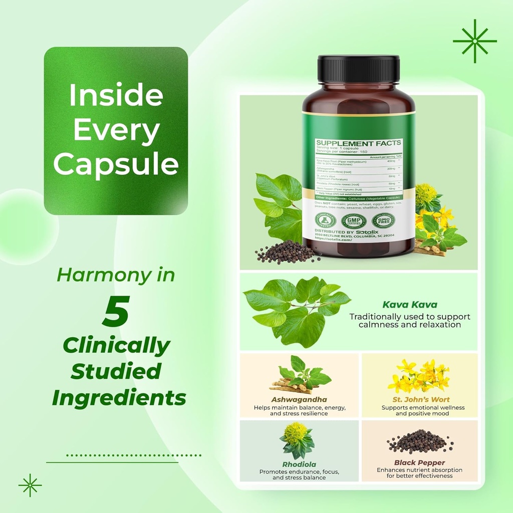 Sotalix Kava Kava Supplement with Ashwagandha Rhodiola St. John's Wort for Mood, Energy & Calming Support - USA Made & Tested (150 Count (Pack of 1)) 5