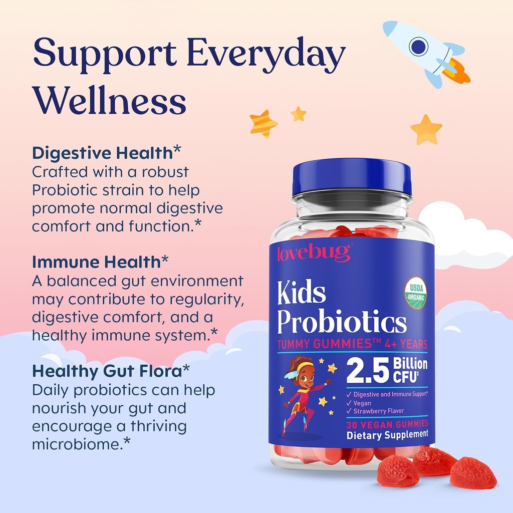 LOVEBUG Kids Probiotic Gummies – Organic Chewable Probiotics for Kids Aged 4+, Soil- Based Children’s Probiotic for Gut Health,Constipation,Digestive & Immune Support, Vegan, 30 Chews, Strawberry 4