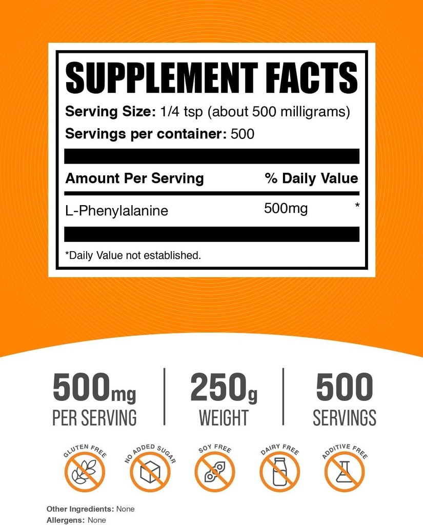 BulkSupplements.com L-Phenylalanine Powder - Phenylalanine Supplement, L-Phenylalanine 500mg - Amino Acids Supplement, Gluten Free, 500mg per Serving, 250g (8.8 oz) (Pack of 1) 3