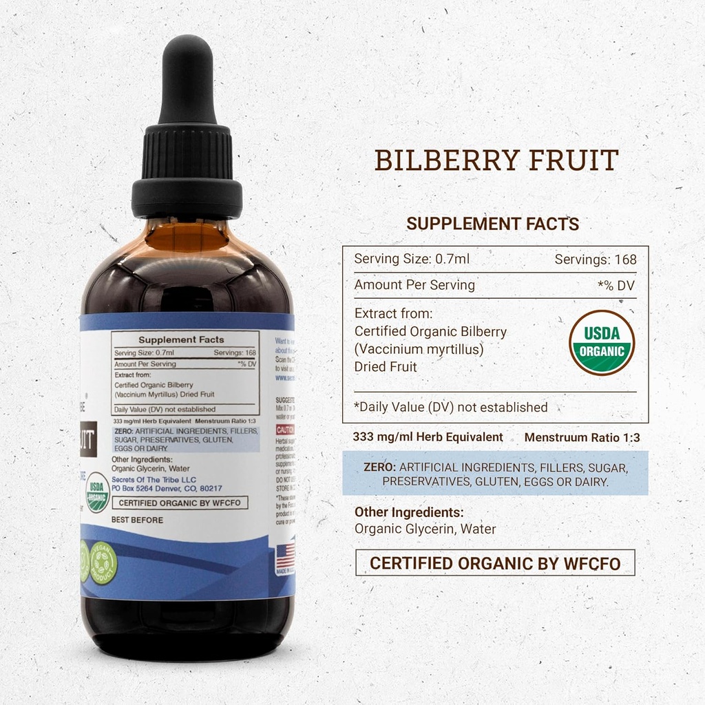 Secrets of the Tribe Bilberry Fruit USDA Organic | Alcohol-Free Extract, High-Potency Herbal Drops, Vision | Made from 100% Certified Organic Bilberry (Vaccinium Myrtillus) Dried Fruit 2x4 oz 5