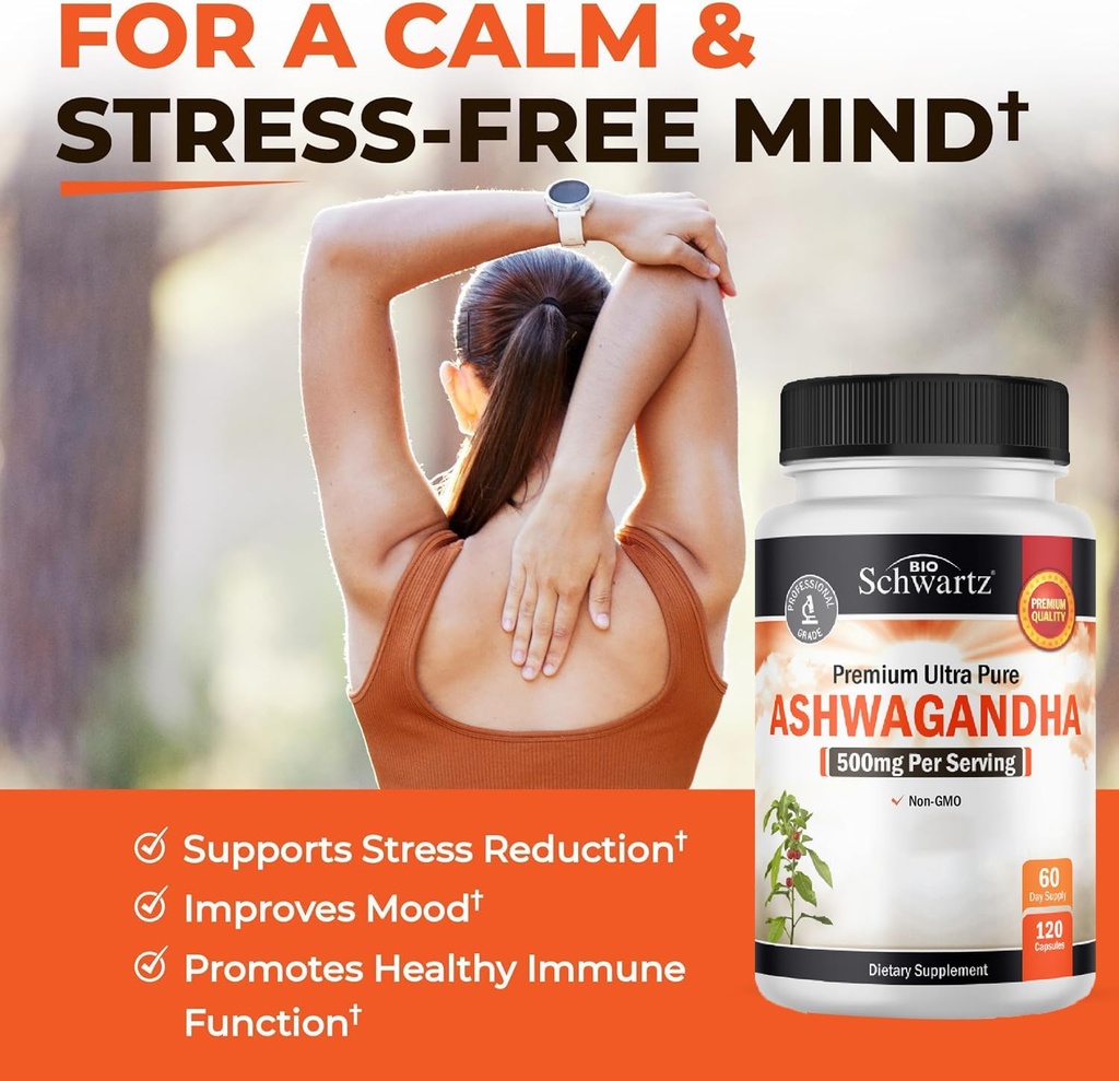 BioSchwartz Ashwagandha Supplements - Extra Strength Ashwagandha Capsules 500mg Per Serving - Gluten Free, Non-GMO, Made in The USA with Globally Sourced Ingredients, 60 Servings (120 Count) 5
