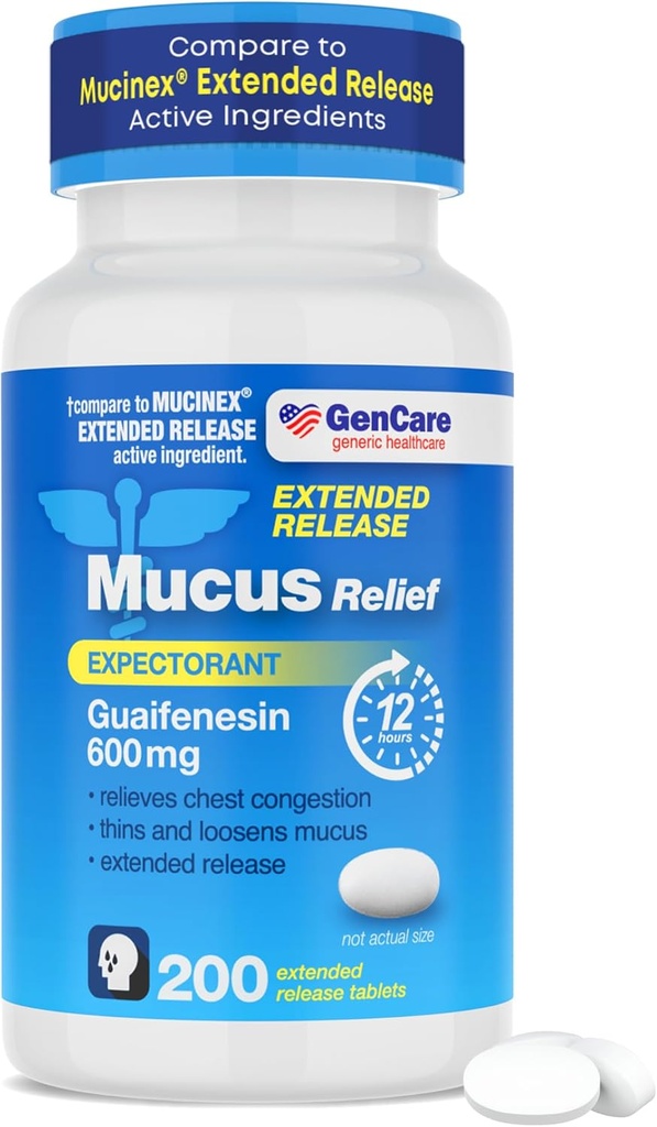 GenCare - Mucus Relief Guaifenesin 600mg (200 Tablets) Mucus Relief Expectorant for Congestion & Cough - Extended Release Tablets for Immediate & Lasting Relief 2