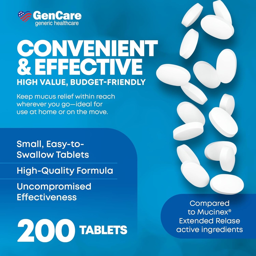 GenCare - Mucus Relief Guaifenesin 600mg (200 Tablets) Mucus Relief Expectorant for Congestion & Cough - Extended Release Tablets for Immediate & Lasting Relief 5
