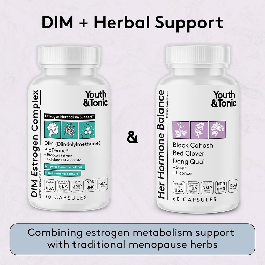 Youth & Tonic Menopause & PMS Support for Women Through Balanced Estrogen Metabolism – 90 Pills with DIM Black Cohosh Red Clover Dong Quai Soy Isoflavones 5
